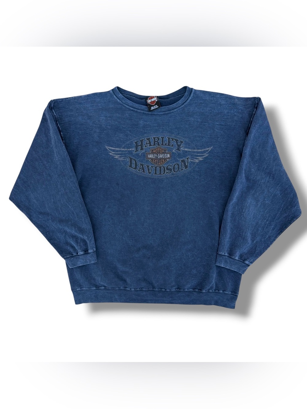 Vintage Y2K Harley Davidson Wyoming Blue Acid Wash Sweatshirt Size Large USA